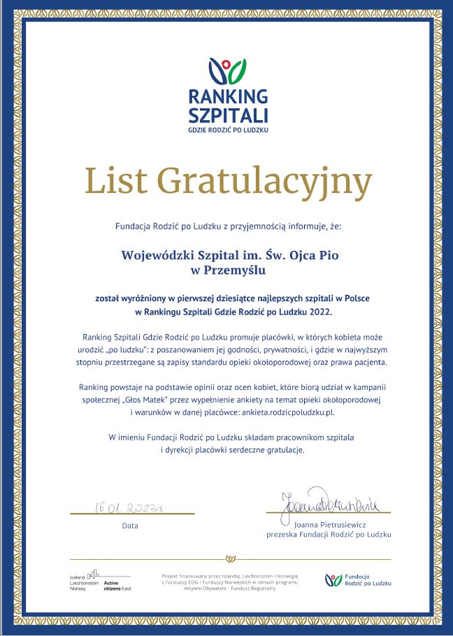List gratulacyjny za wyróżnienie w pierwszej dziesiątce najlepszych szpitali w Polsce w 2022 r.